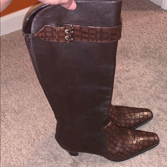 Prevata Brown Diana Leather Croc Heeled Boots - Picture 7 of 8